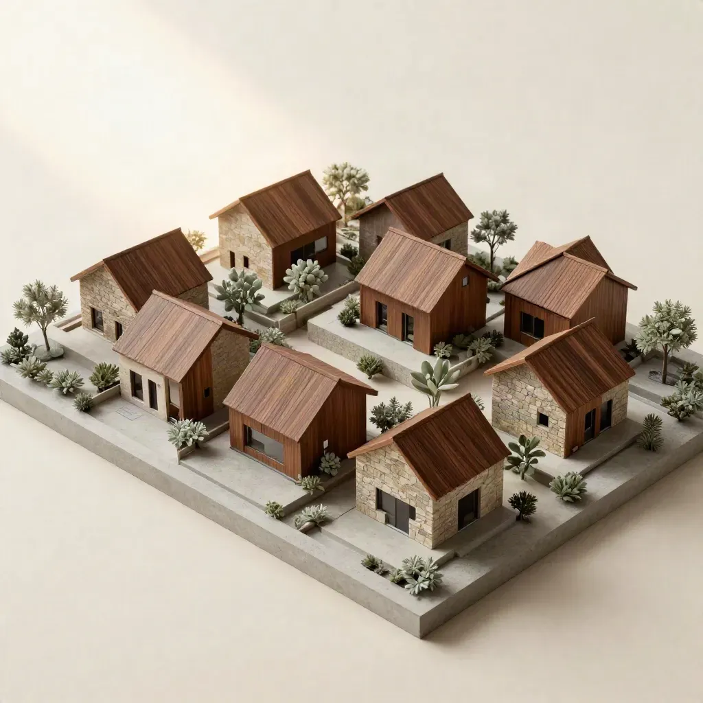 Model pelan lantai mini di atas konkrit, bumbung kayu walnut dan pagar hijau halus.