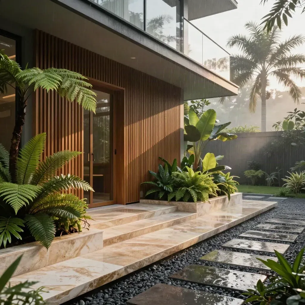 Fasad rumah eco-teres basah selepas hujan, tangga batu kapur dan tanaman tropika pagi berkabus.