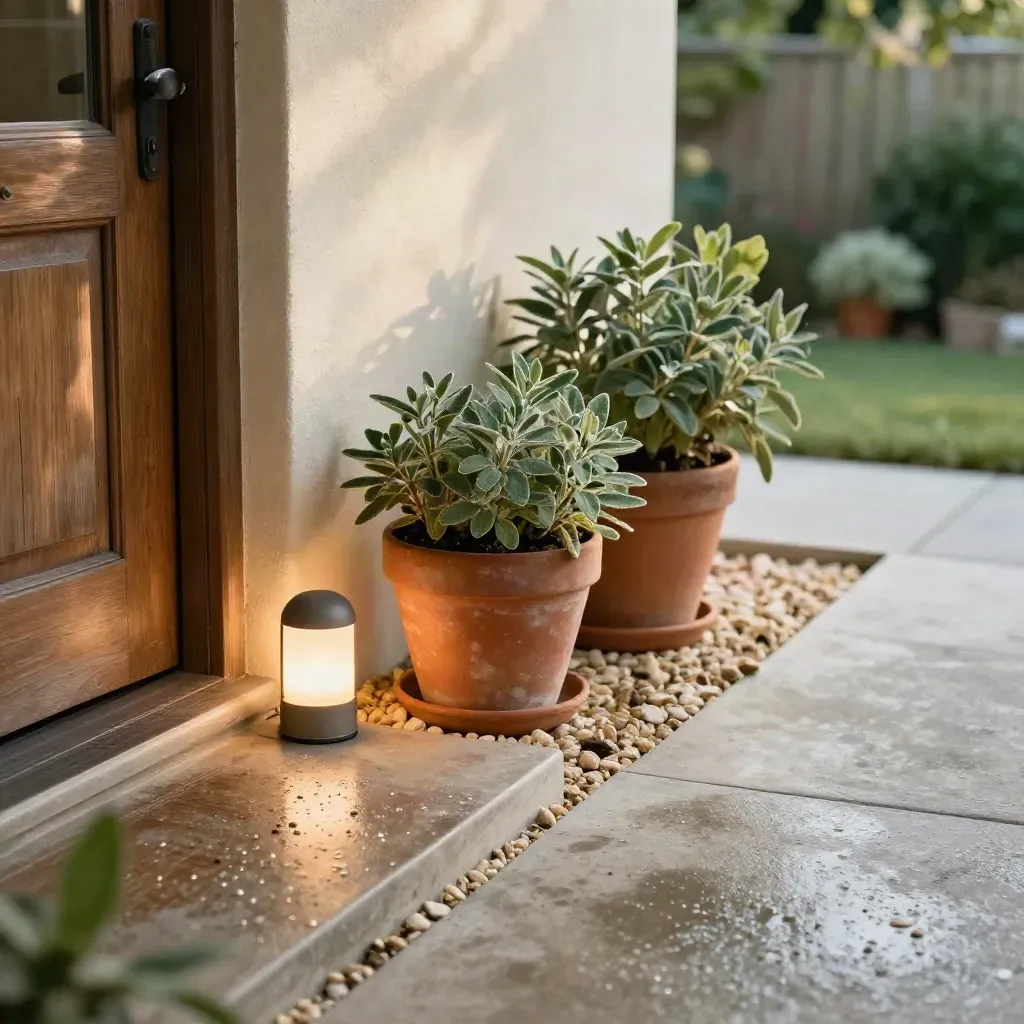 Pintu rumah teres dengan lampu serambi, pasu terracotta, batu kerikil dan tanaman sage.
