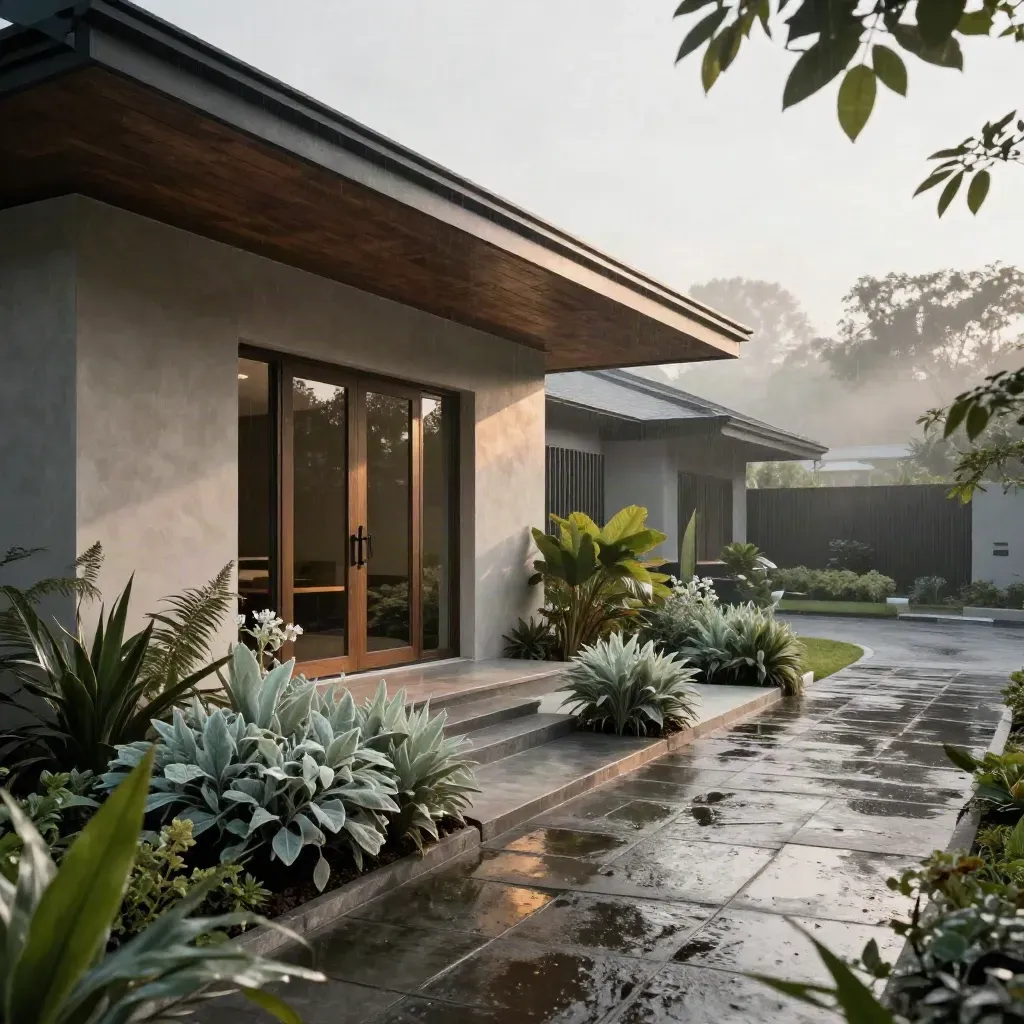 Fasad rumah landed siap dengan jalan basah, tanaman sage dan suasana pagi berkabus.