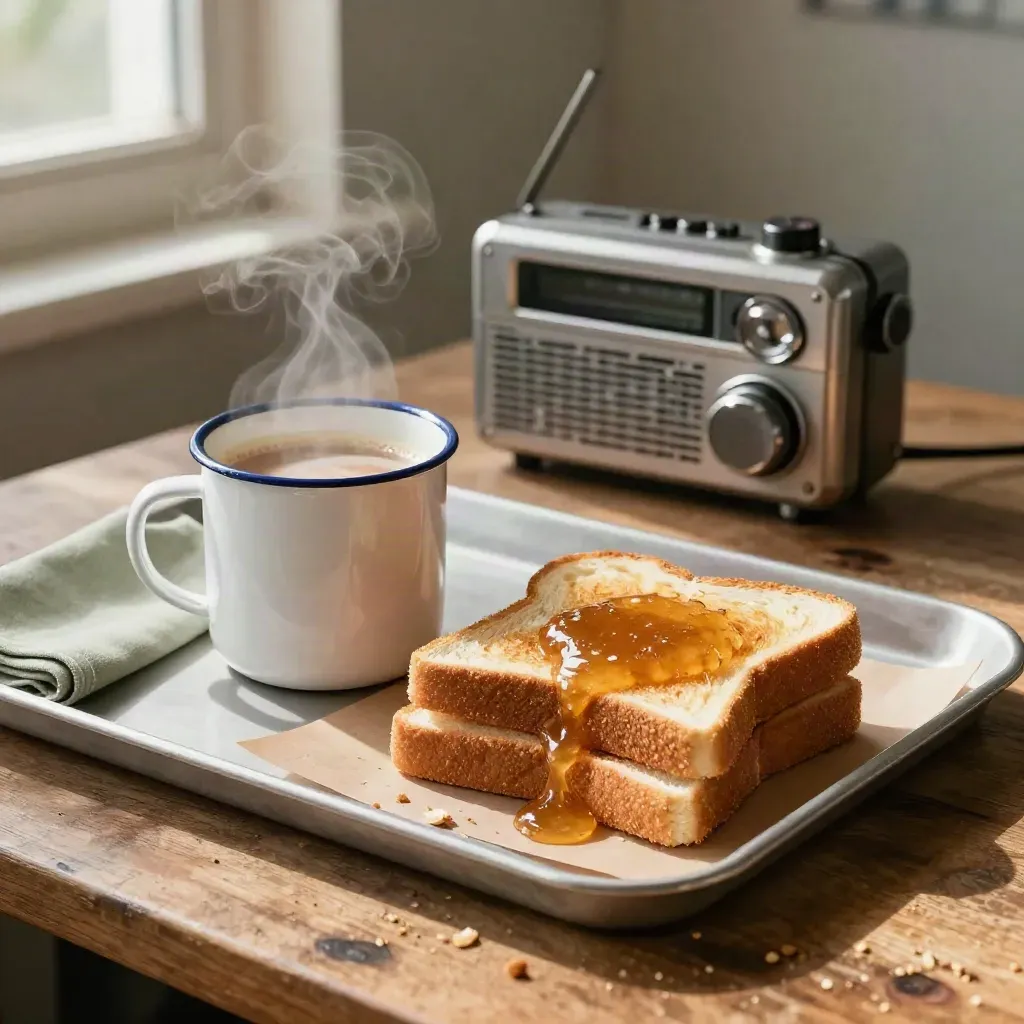 Tray sarapan pejabat tapak bina dengan cawan kopi enamel, roti kaya dan radio keluli di cahaya pagi.