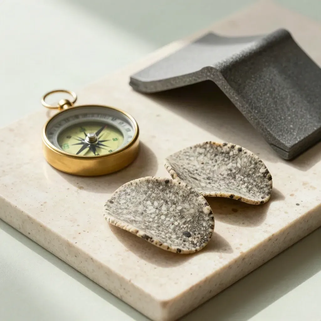 Flatlay overhead chips kejiranan, kompas gangsa, dan jubin bumbung model di atas travertin.