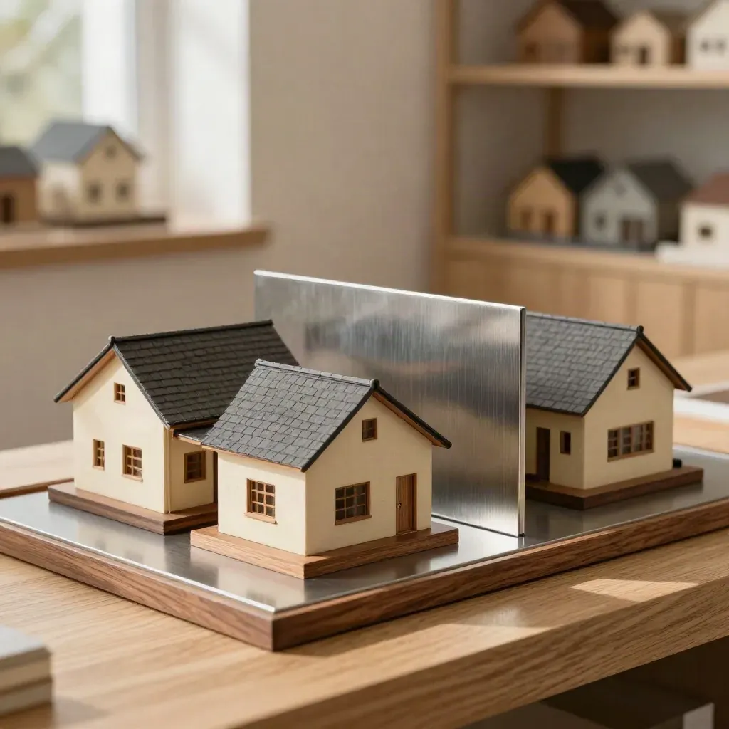 Tiga model rumah mini di dulang kayu cerah dengan pembahagi logam, cahaya lembut.